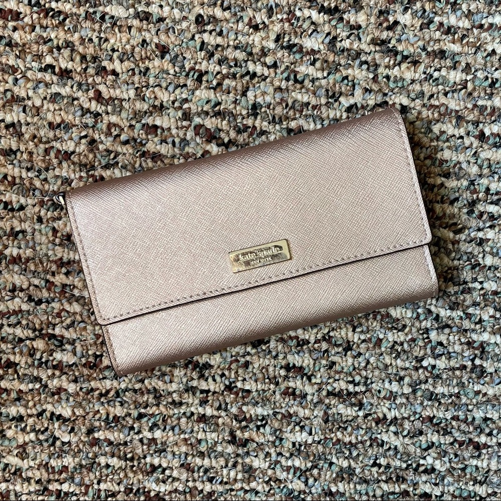Kate Spade Newbury Lane rose gold shimmer tri fold wristlet